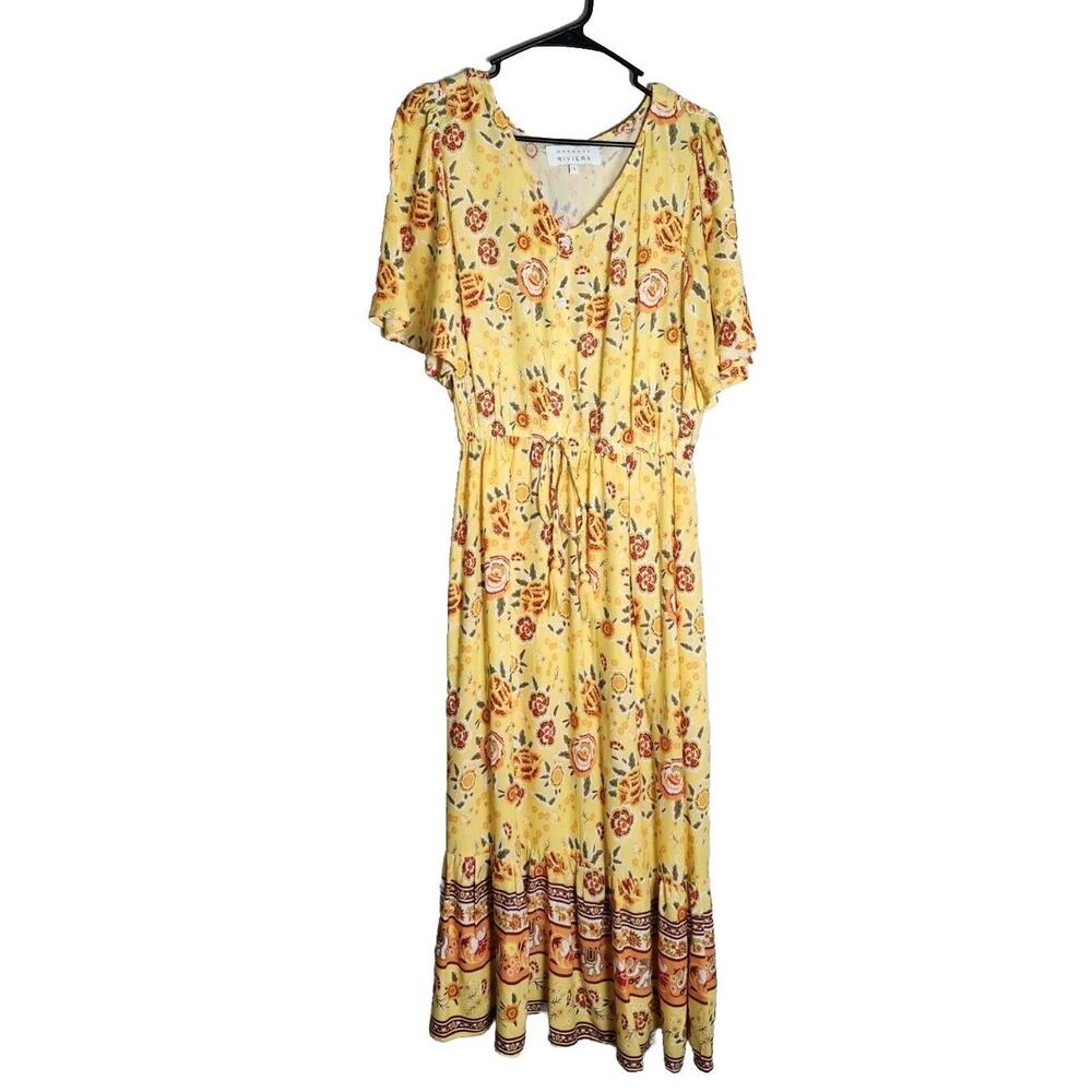 Margaux Riviera Maxi Dress Size Small Yellow Floral Boho Short Sleeve